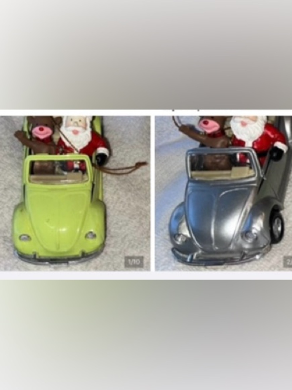 2 Santa driving Vw convertibles-silver and green.